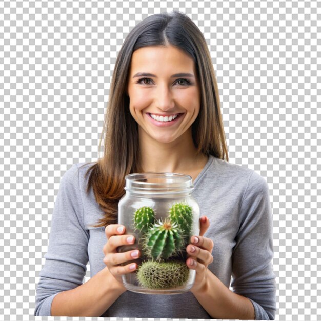 Mujer delgada sonriendo felizmente con una mano en la cadera y segura sosteniendo un concepto de granjero de cactus