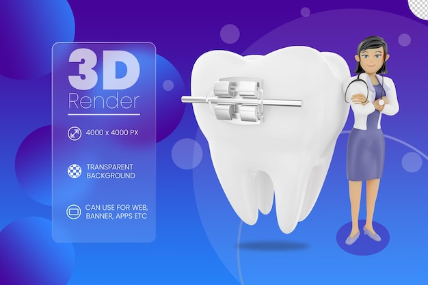 Mujer dentista y aparatos dentales ilustración 3d