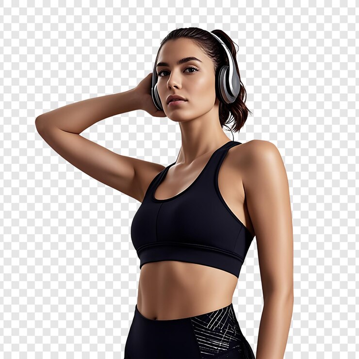 PSD una mujer deportiva con auriculares aislada en un fondo transparente