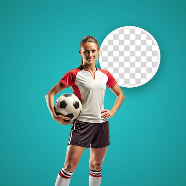 Mujer deportiva bonita sosteniendo una pelota de fútbol