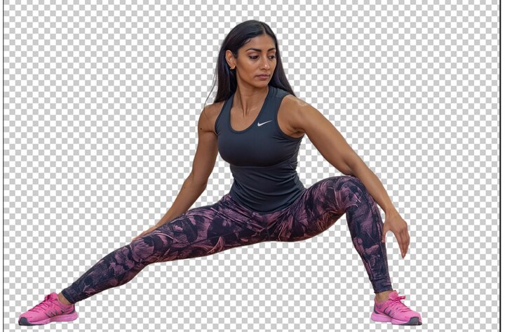 PSD mujer deportiva estirándose aislada sobre un fondo transparente