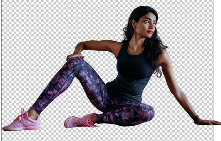 PSD mujer deportiva estirándose aislada sobre un fondo transparente