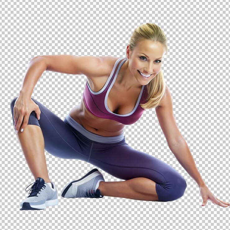 PSD mujer deportiva estirándose sobre un fondo transparente