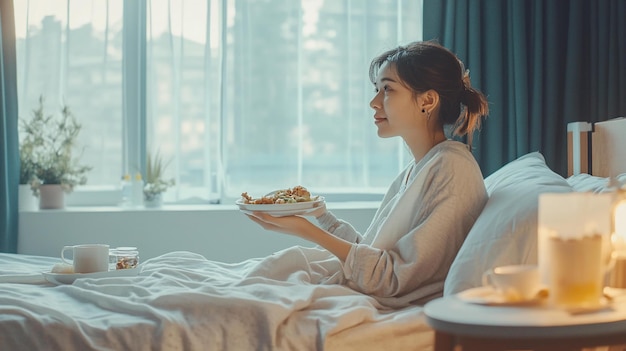 Mujer desayunando en la cama disfrutando de una comida