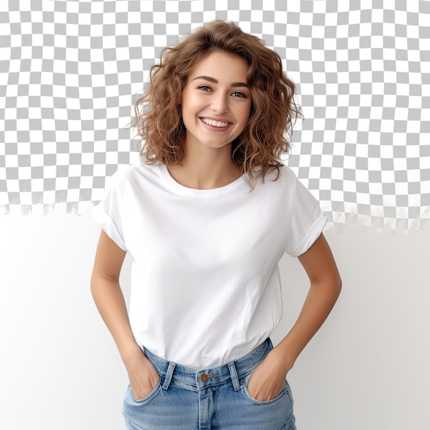 Mujer despreocupada feliz con expresión alegre sonriendo mientras está de pie en una pose relajada contra un fondo transparente con las manos en los bolsillos de los vaqueros