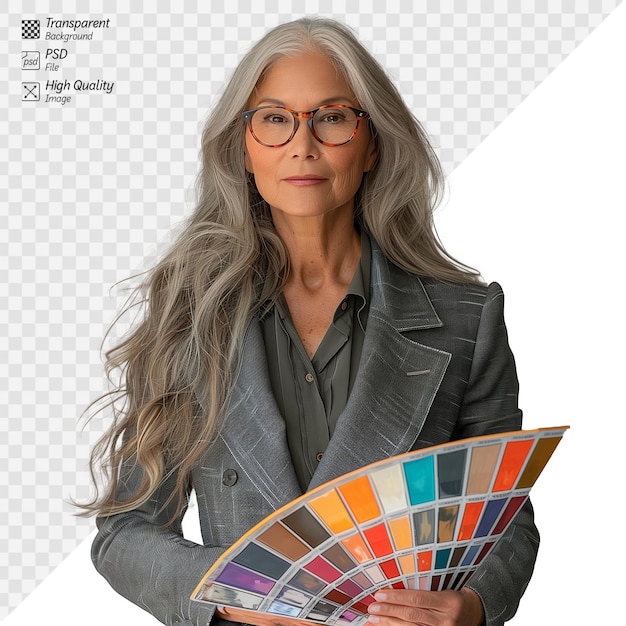 PSD mujer diseñadora senior sosteniendo muestras de colores con confianza