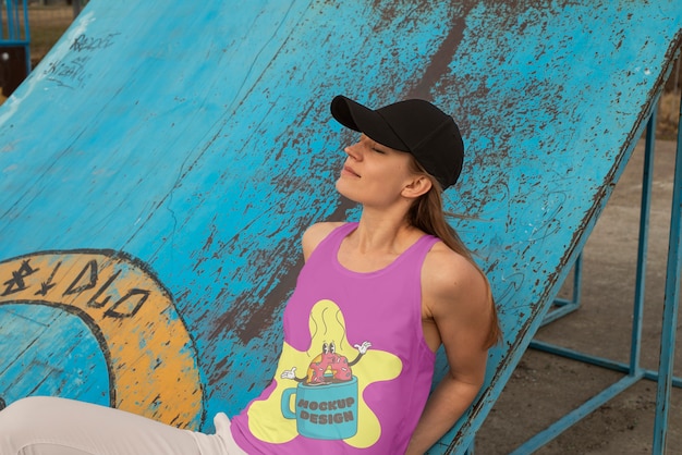 Mujer con diseño de maqueta de camiseta al aire libre