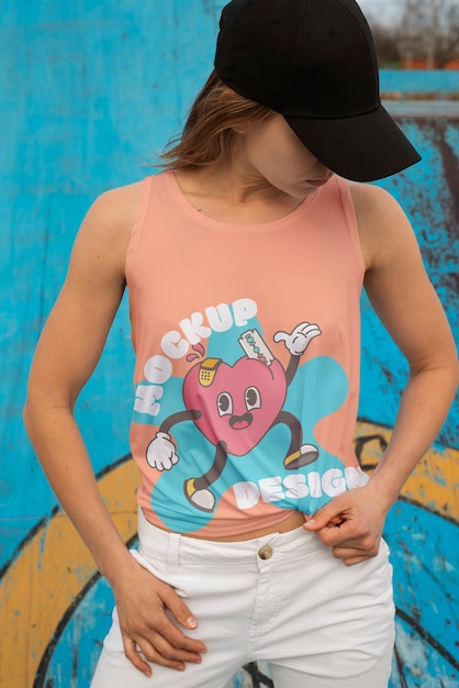 PSD mujer con diseño de maqueta de camiseta al aire libre