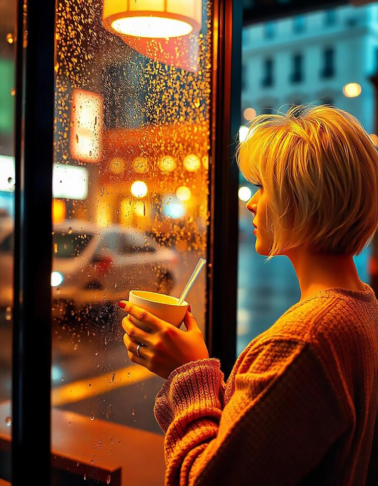 PSD mujer disfrutando de una bebida caliente mientras observa la lluvia afuera