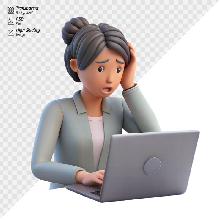 PSD mujer con dolor de cabeza trabajando en una computadora portátil experimentando estrés en un fondo transparente