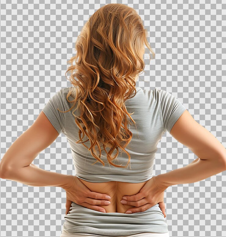 PSD mujer con dolor de cuello y dolor de espalda en un fondo transparente