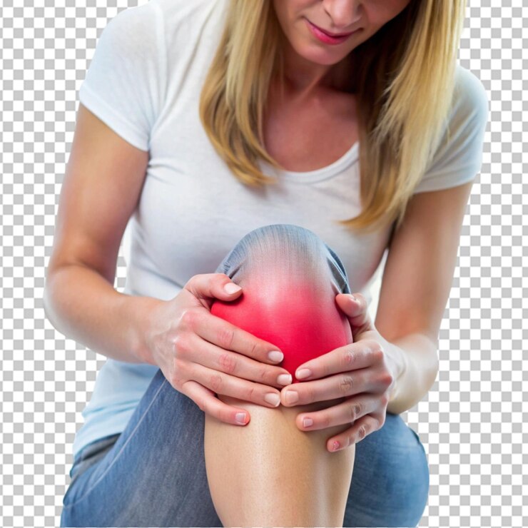 PSD mujer con dolor en la rodilla manos femeninas sosteniendo su rodilla con inestabilidad destacada e hinchazón en un fondo transparente