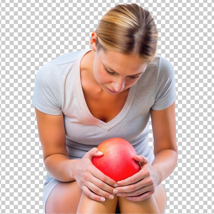 PSD mujer con dolor en la rodilla manos femeninas sosteniendo su rodilla con inestabilidad destacada e hinchazón en un fondo transparente