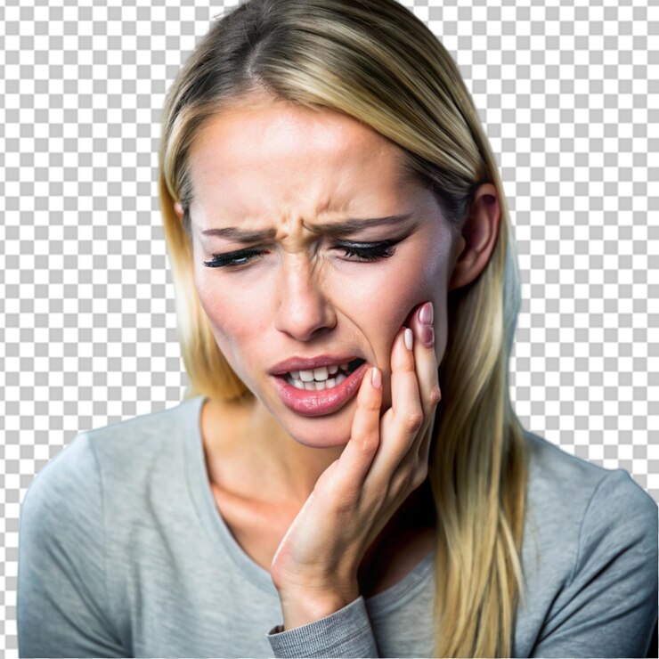 PSD mujer dolorosa con dolor de dientes caries dental sensible sobre un fondo transparente