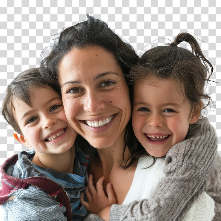 PSD una mujer con dos hijos posando para una foto con un fondo blanco con una sección transversal