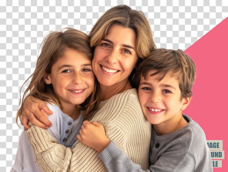 PSD una mujer con dos hijos posando para una foto con un fondo rosa