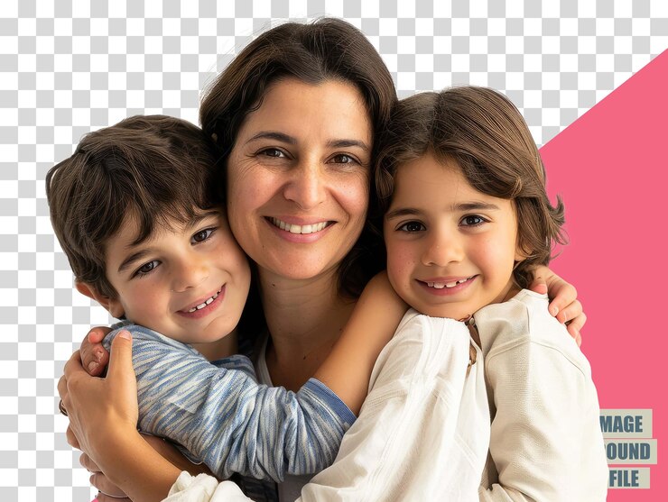PSD una mujer y dos niños posan para una foto en un fondo transaprent