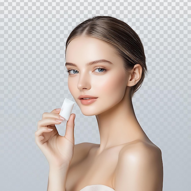 Mujer elegante aplicando cuidado de la piel en un elegante entorno de estudio