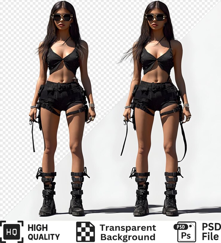 PSD mujer elegante posando con botas de combate negras y pantalones cortos con correas aisladas en un fondo transparente
