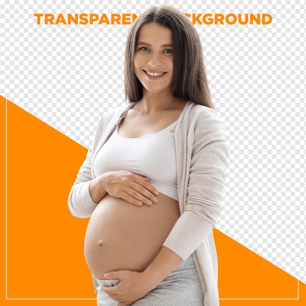 Mujer embarazada feliz con la mano en el vientre con papel tapiz transparente