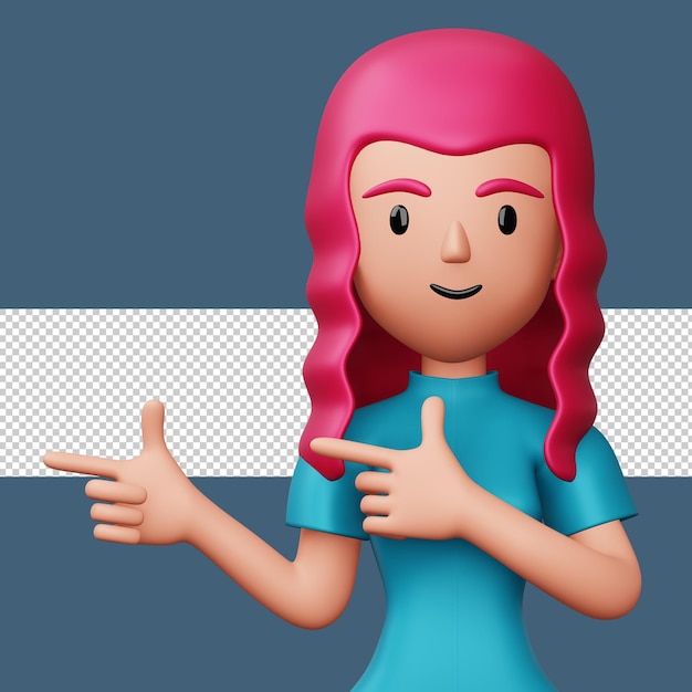 Mujer emocionada feliz que señala al lado Representación 3d del personaje de dibujos animados lindo