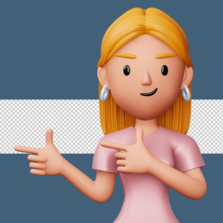 PSD mujer emocionada feliz que señala al lado representación 3d del personaje de dibujos animados lindo