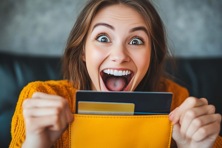 PSD mujer emocionada sacando tarjetas de crédito de su billetera
