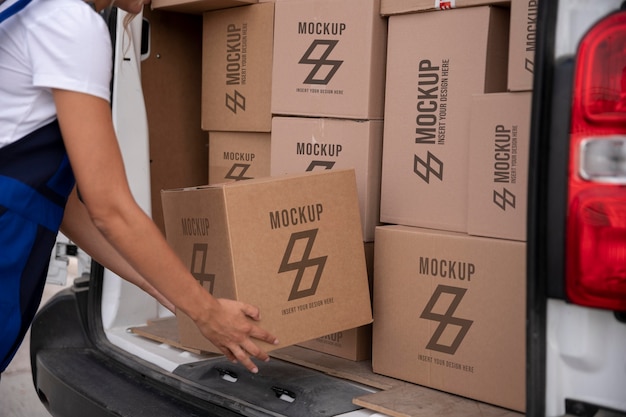 Mujer de entrega trabajando y llevando cajas desde el coche.