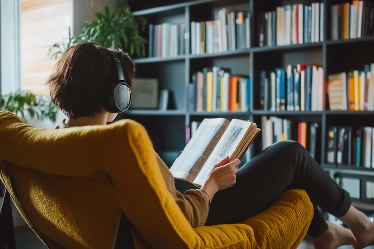 PSD mujer escuchando un audiolibro mientras lee un libro en un cómodo sillón rodeada de estanterías
