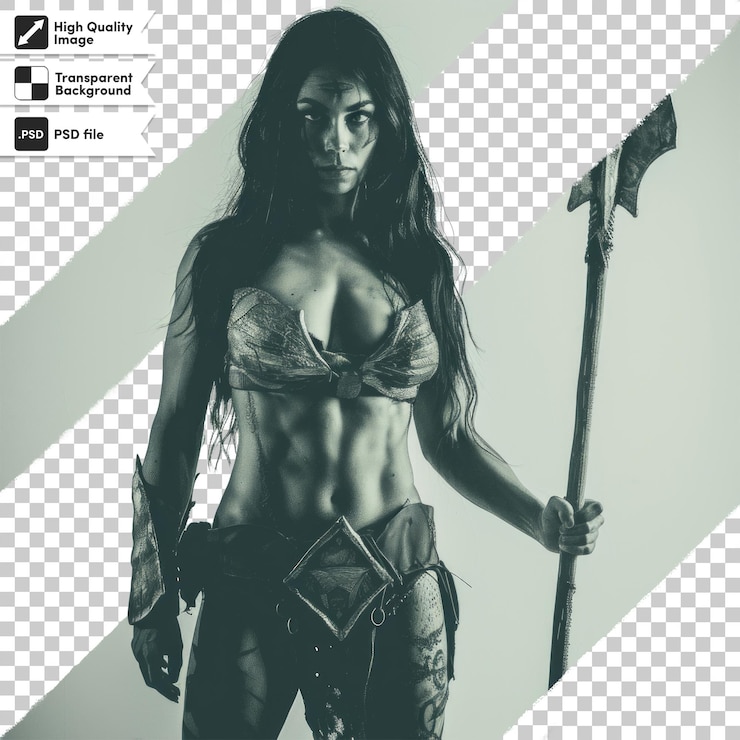 PSD una mujer con una espada y un escudo en el pecho