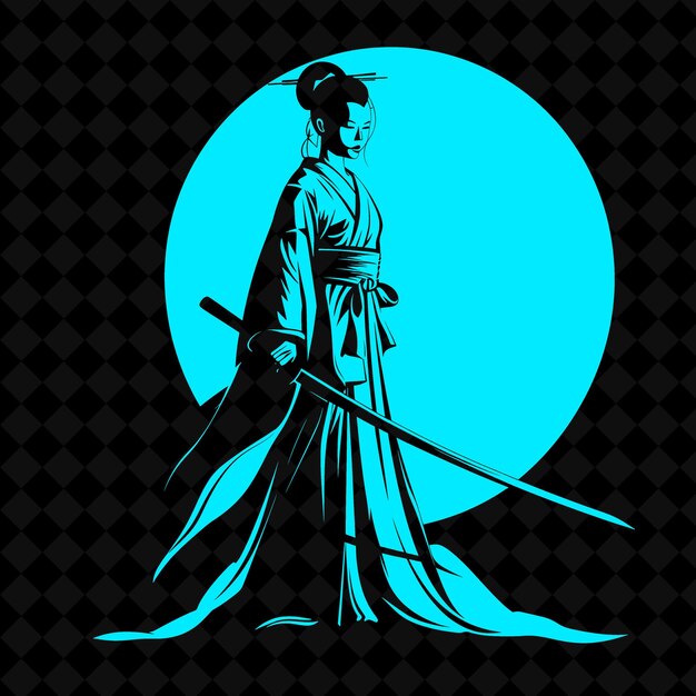 Una mujer con una espada y un fondo azul con una luna azul en el fondo