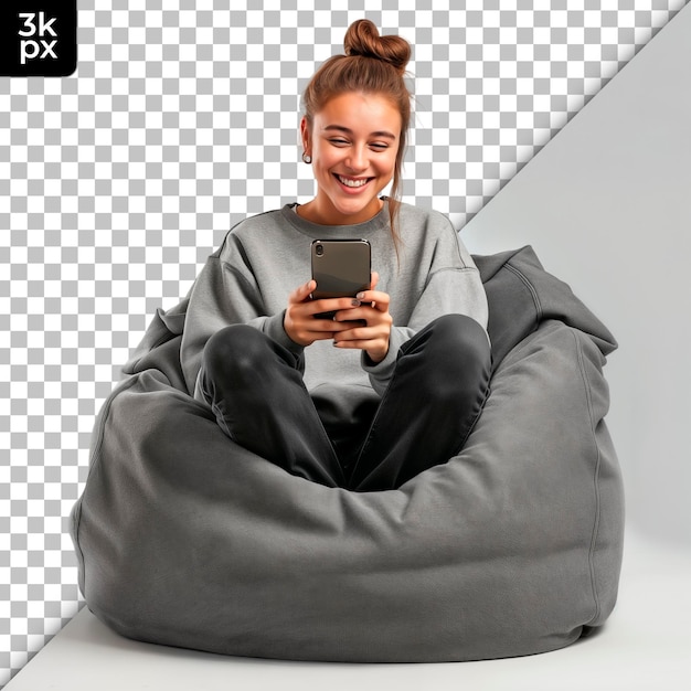 una mujer está sentada en una almohada con una cámara en la cara