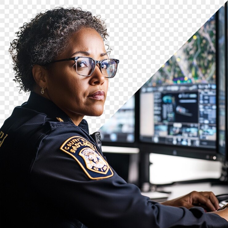 PSD una mujer está sentada en una computadora con una imagen de un oficial de policía en la pantalla