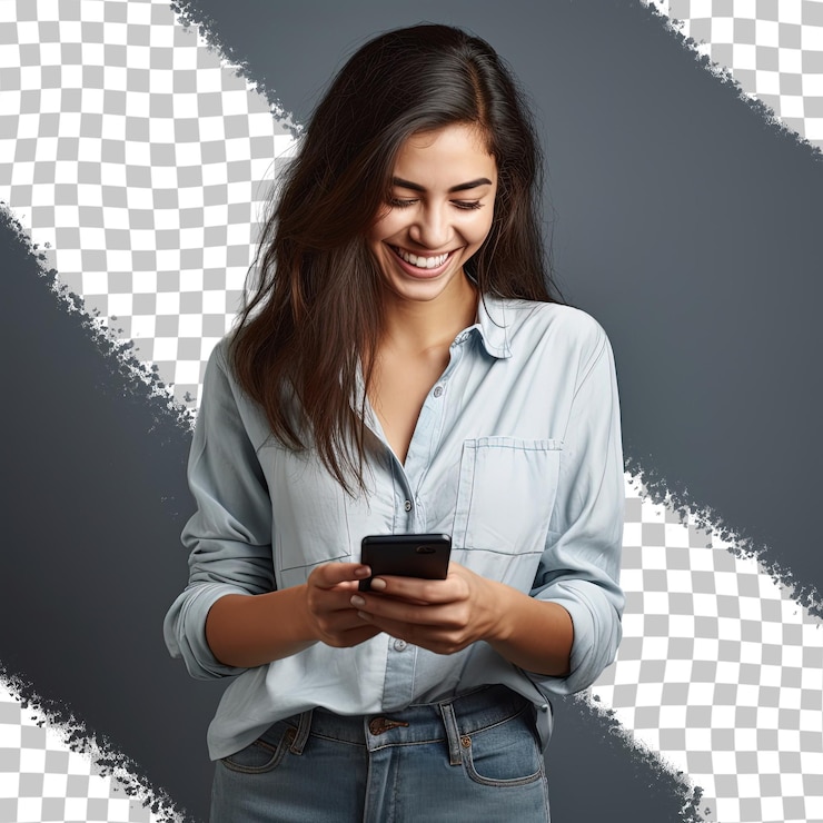 PSD una mujer está sonriendo y enviando mensajes de texto en su teléfono.