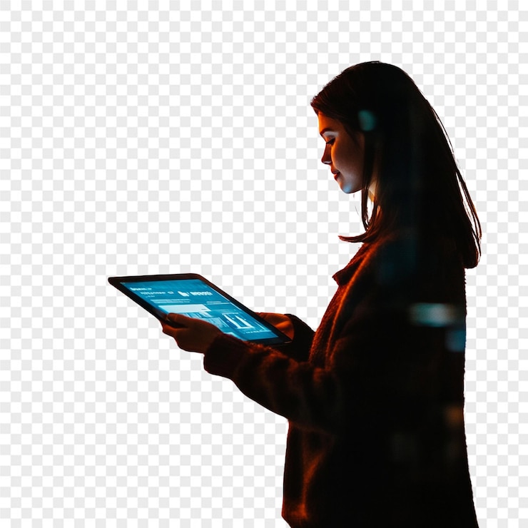 PSD una mujer está usando una tableta con una pantalla azul que dice "inteligente"