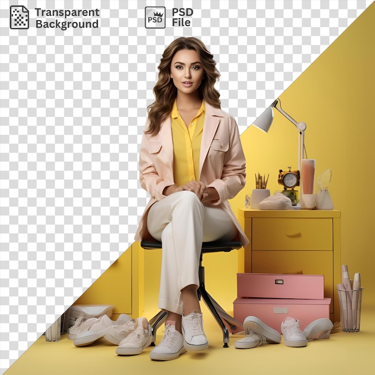 PSD mujer de estilo casual sentada en una silla frente a una pared amarilla con una camisa amarilla y pantalones blancos con cabello marrón y un zapato blanco en su pie izquierdo está rodeada por un
