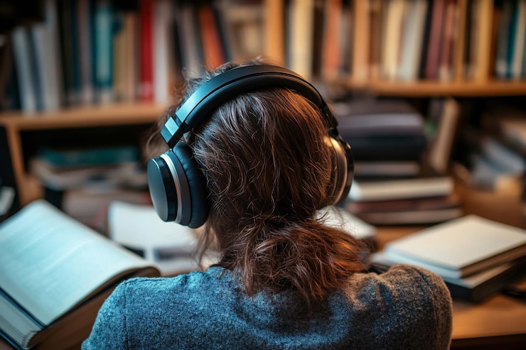 PSD mujer estudiando con auriculares en la biblioteca