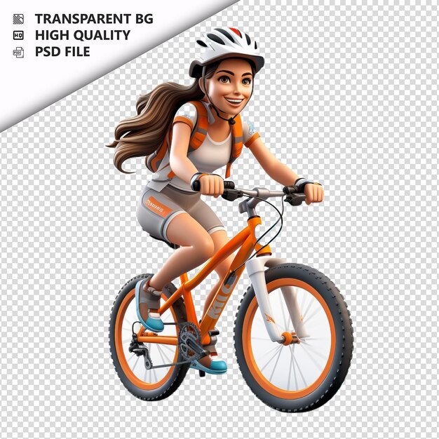 PSD mujer europea en bicicleta en 3d estilo de dibujos animados con fondo blanco