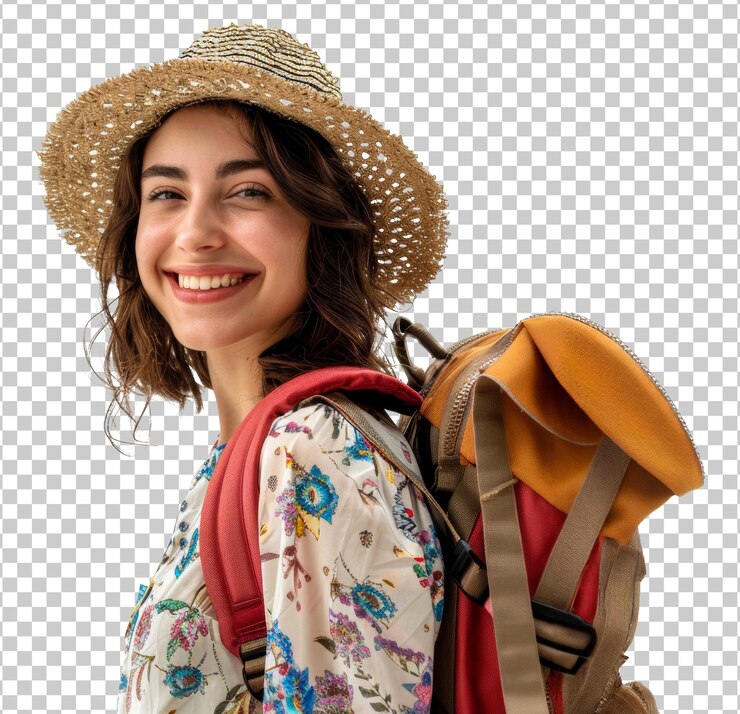 Mujer excursionista con sombrero de paja y mochila aislada sobre un fondo transparente