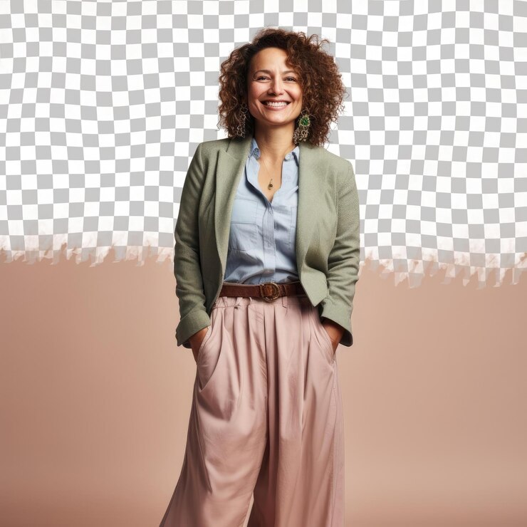 PSD una mujer extática de mediana edad con cabello rizado de la etnia nórdica vestida con ropa de masón posa en una postura relajada con las manos en los bolsillos contra un fondo beige pastel