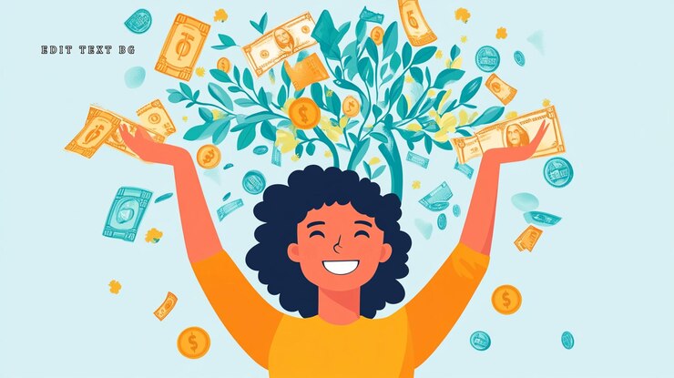 PSD mujer feliz con árbol de dinero celebrando el éxito financiero y la riqueza