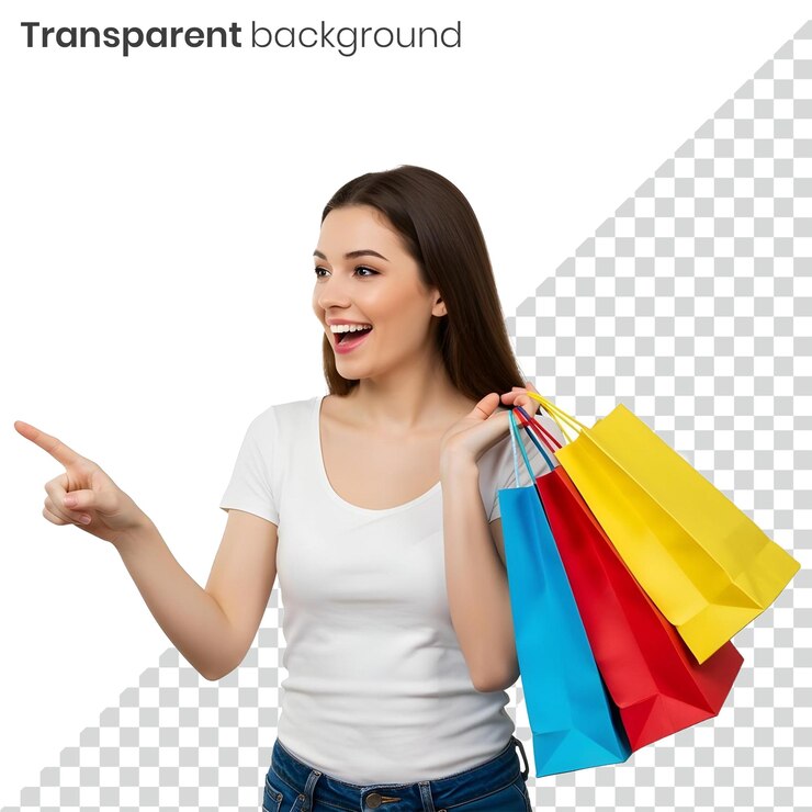 Mujer feliz con bolsas de compras PNG transparente PSD