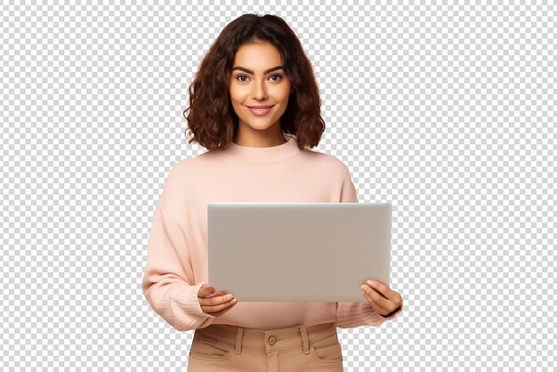 PSD una mujer feliz con una computadora portátil aislada en un fondo transparente