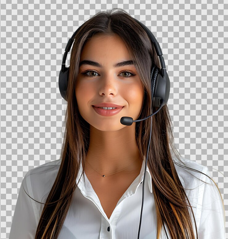 PSD mujer feliz comunicación de preguntas frecuentes pregunta de telemarketing en un fondo transparente