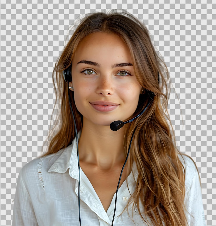 PSD mujer feliz comunicación de preguntas frecuentes pregunta de telemarketing en un fondo transparente