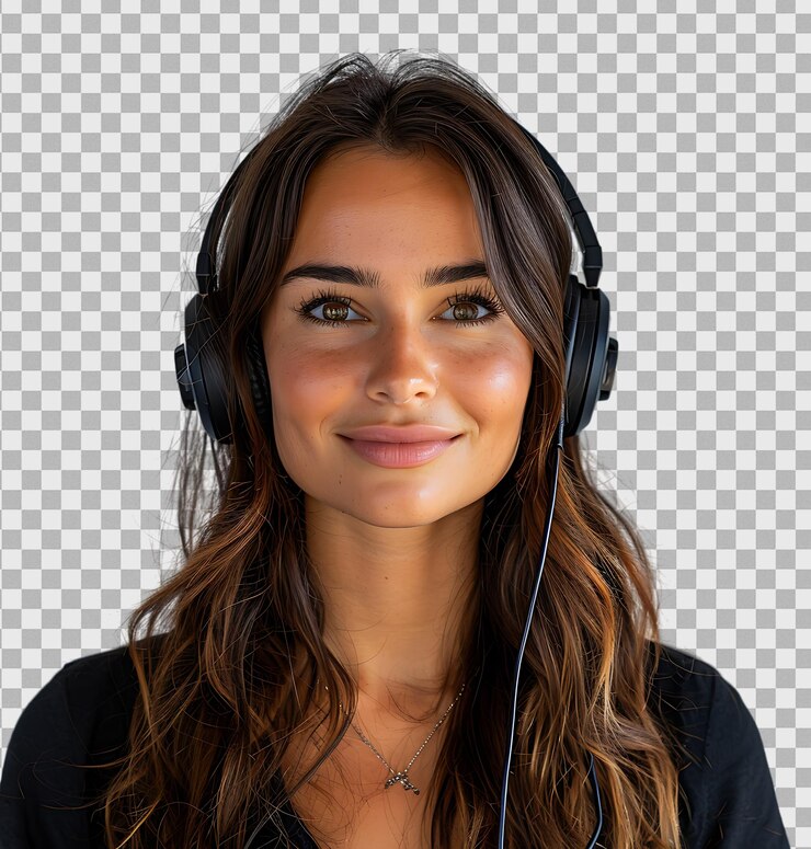 PSD mujer feliz comunicación de preguntas frecuentes pregunta de telemarketing en un fondo transparente