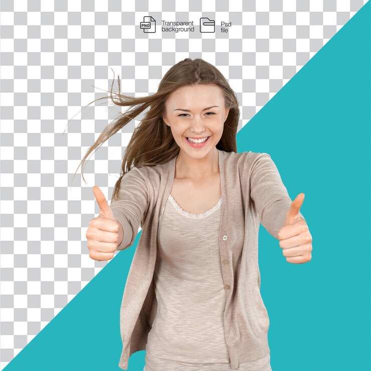 PSD mujer feliz dando pulgares hacia arriba con una gran sonrisa