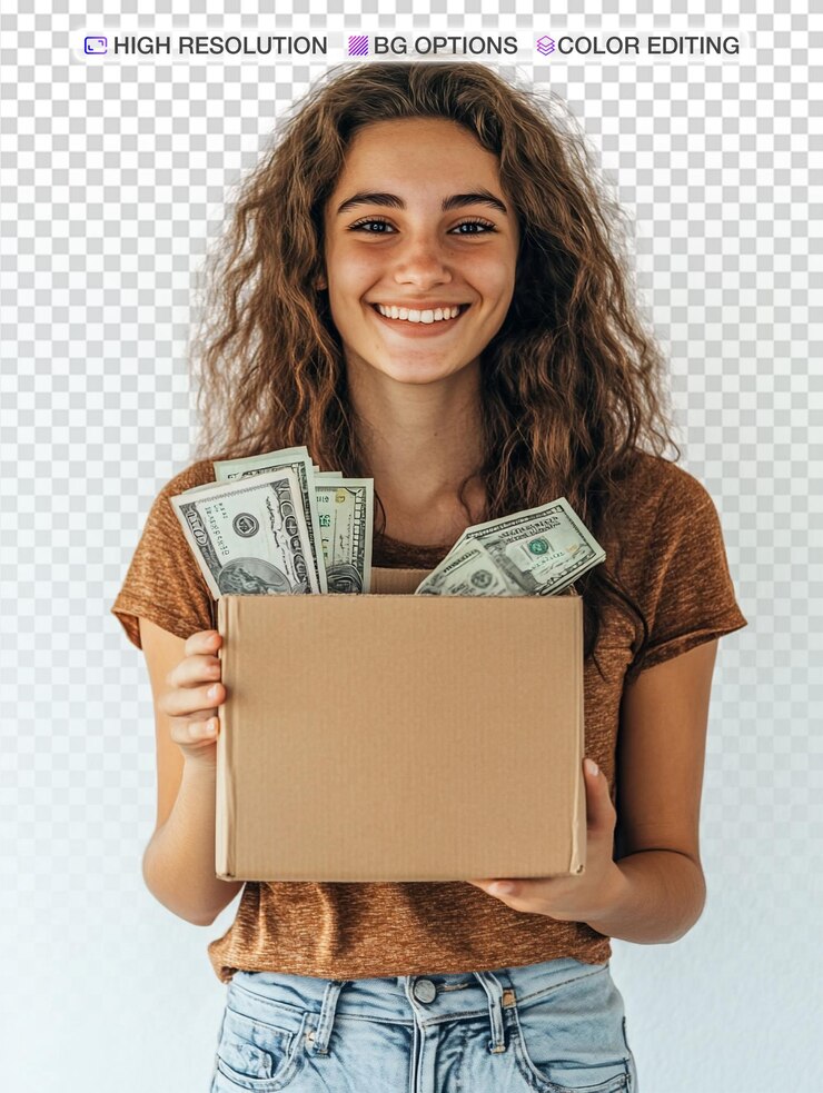 PSD mujer feliz con dinero y una caja de cartón