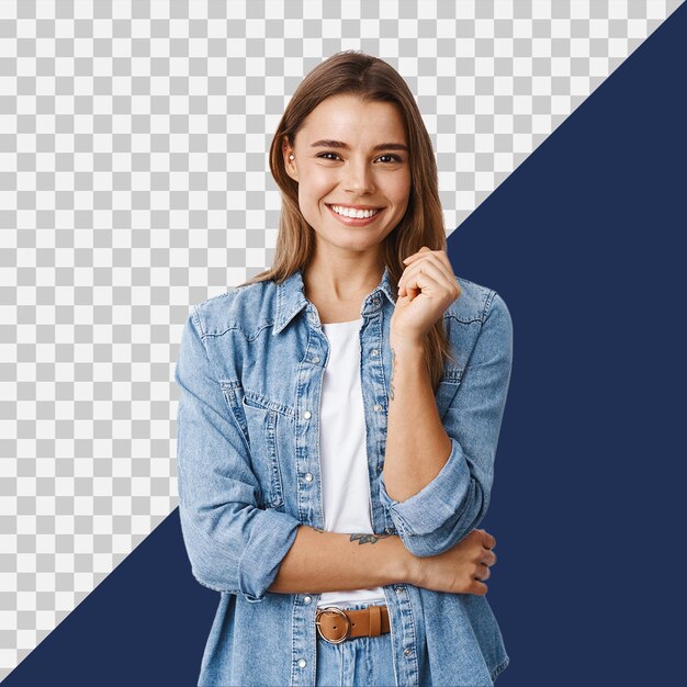 PSD mujer feliz exitosa de pie en ropa casual sonriendo satisfecha y con aspecto confiado de pie