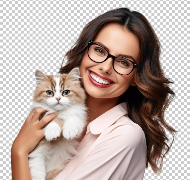 Mujer feliz con gato mascota aislado sobre fondo transparente